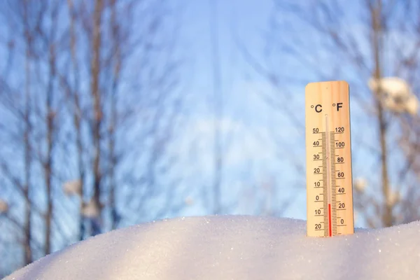 Termómetro Nieve Sobre Fondo Cielo Árboles Día Soleado Brillante — Foto de Stock