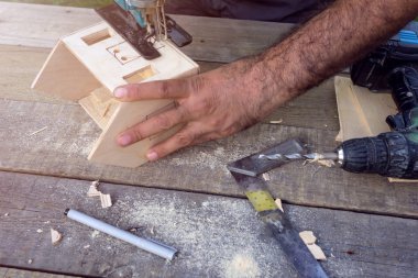 Marangoz ahşap, Makineli oyma testereleri ile çalışır bir lodge olun. el sanatları