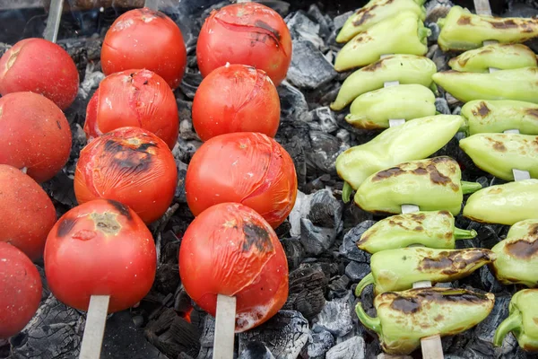 Tomates Asados Pimientos Hoguera — Foto de Stock