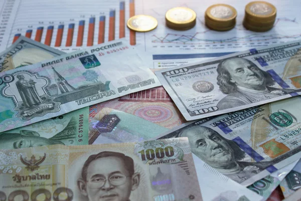 Peníze Různých Zemí Finanční Graf Stůl — Stock fotografie
