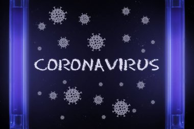 Coronavirus etiketi ve UV ışığı altında Covid-19 molekülleri. Görünmez virüs kavramı
