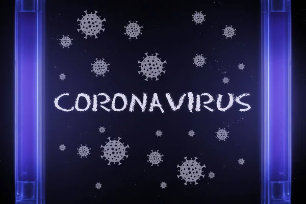 Coronavirus etiketi ve UV ışığı altında Covid-19 molekülleri. Görünmez virüs kavramı