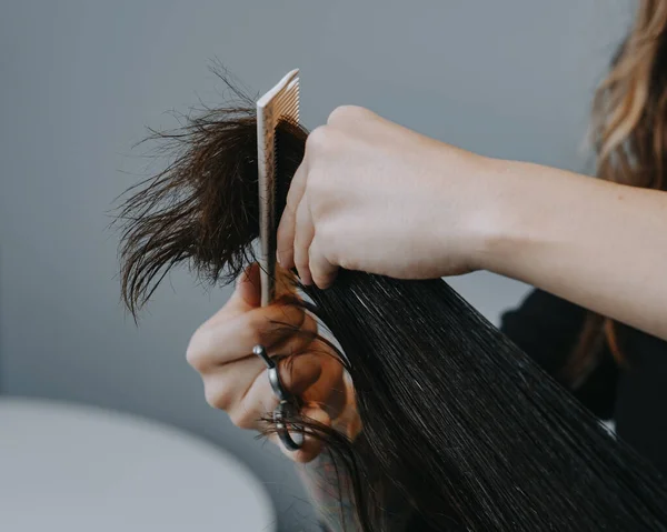 女人在家里理发.理发师在家里给女孩子剪头发. — 图库照片