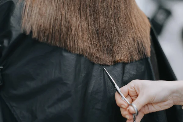 Corte de pelo para mujer en casa. Peluquería corta a una chica en casa . —  Fotos de Stock