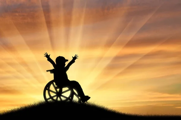 丘の日没に車椅子で幸せな少年 — ストック写真