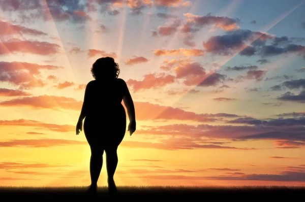 Západ slunce tlustá žena silueta — Stock fotografie