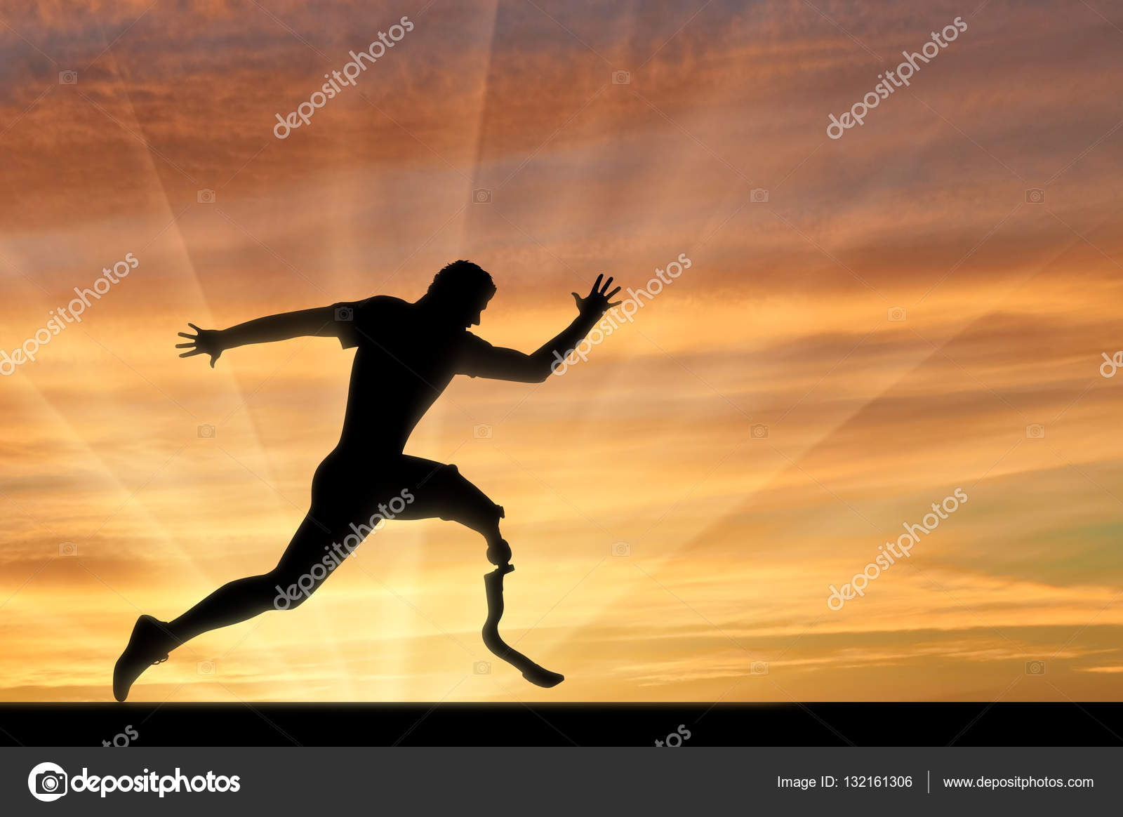 Paralympic runner with prosthesis crossing finish line sunset — Stock 