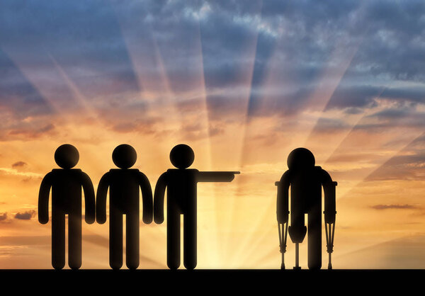 Disabled person with prosthesis on crutches and people expel him