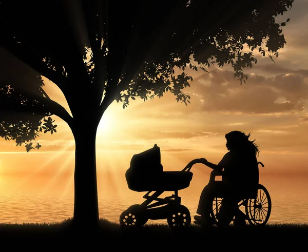 Behinderte Frau mit Rollstuhl und Kinderwagen unter Baum — Stockfoto