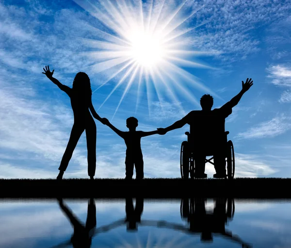 Deficiente em cadeira de rodas e família feliz com a sua reflexão — Fotografia de Stock