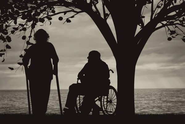 Persone con disabilità vicino al mare sotto l'albero in sedia a rotelle e con stampelle — Foto Stock