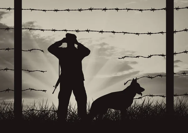 Hole in fence on border and border guards with dog — Stock Photo, Image