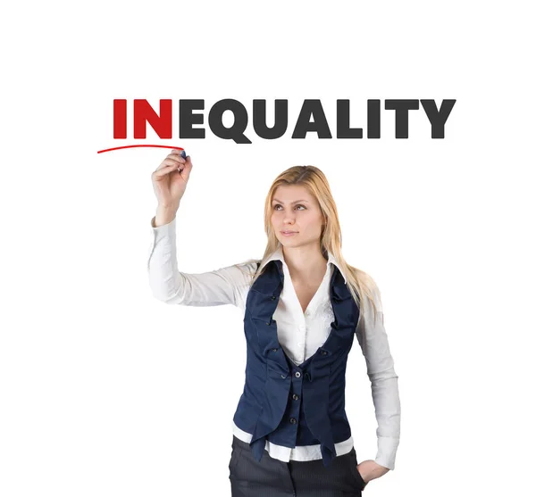 Weiße Frau schrieb Marker-Wort Ungleichheit — Stockfoto