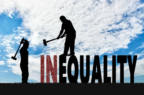 Silhouette of two men with sledgehammers smash word inequality — Stock Photo, Image