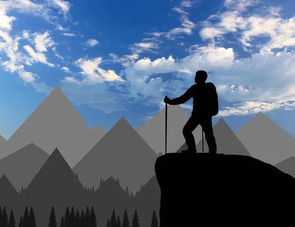 Silhueta de um alpinista no topo olha para a distância sobre as montanhas — Fotografia de Stock