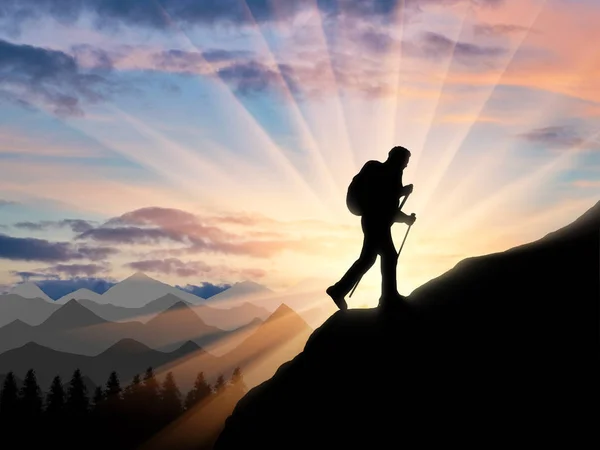 Alpinista silhueta ascendendo ao topo da montanha — Fotografia de Stock