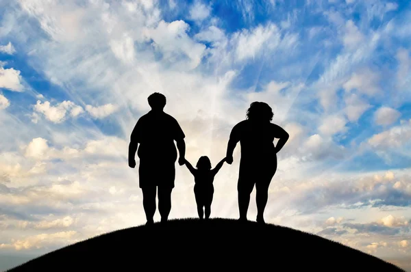 Fat, obese family is standing on a hill