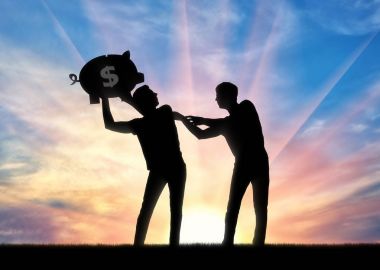 Silhouette of a man trying to take from another man a piggy bank clipart