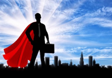 Bir evrak çantası ile kendine güvenen Süpermen işadamı silüeti