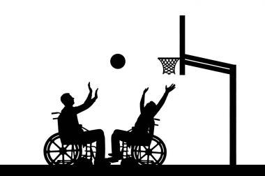Vektör siluet iki Engelli oyun Basketbol üzerine tekerlekli sandalye yaptı