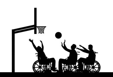 Vektör siluet üç engelliler tekerlekli sandalye basketbol oynamak