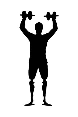 Elinde bir protez bacak ayakta dumbbells ile adamla siluet vektör