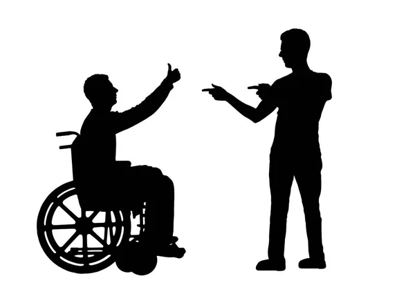 Ευτυχισμένος διάνυσμα σιλουέτα απενεργοποιημένη πρόσωπο σε μια αναπηρική καρέκλα και σύντροφο που υποστηρίζει — Φωτογραφία Αρχείου
