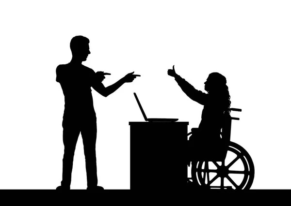 Ευτυχισμένος διάνυσμα σιλουέτα απενεργοποιημένη γυναίκα σε μια αναπηρική καρέκλα σε ένα φόντο με τον άνθρωπο που το υποστηρίζει — Φωτογραφία Αρχείου
