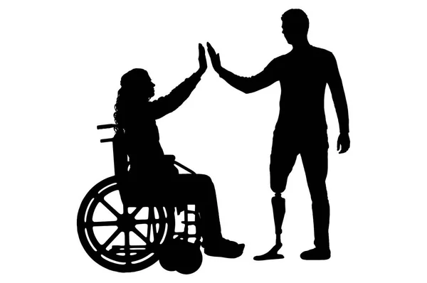 Silhouette vectorielle d'une femme en fauteuil roulant et d'un homme avec une jambe prothétique debout pour se soutenir mutuellement — Photo