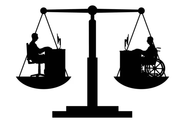 Vektorové siluetu muže zakázána v invalidní vozík a zdravý muž, sedící u stolu — Stock fotografie