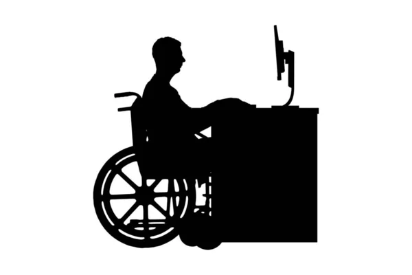 Silhouette vettoriale dipendente disabile su una sedia a rotelle che lavora con un computer portatile a tavola — Foto Stock