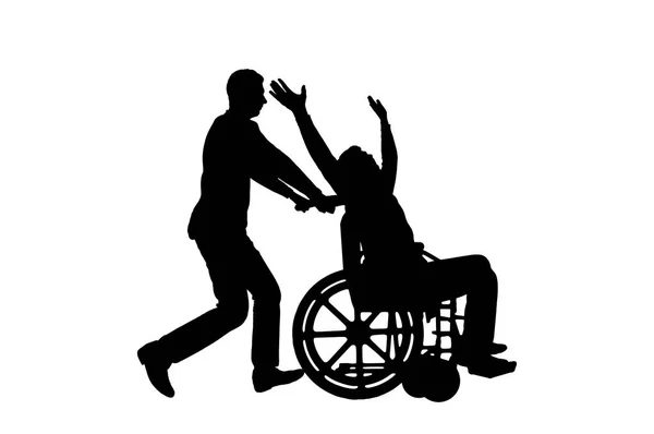 Vector silhouette happy disabled person in a wheelchair having a great time with a friend