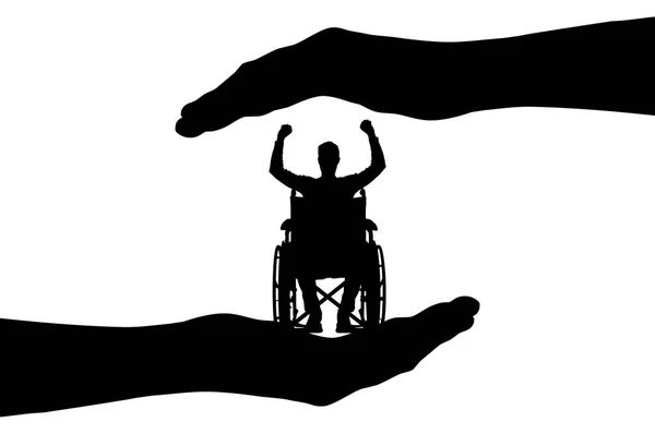 Vector silhouette happy disabled in wheelchair in hands of help