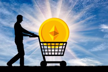 Silhouette bir adam ve bir etherium bir alışveriş arabası