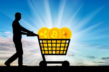 Bir erkek ve bir alışveriş sepeti bir kripto para siluet