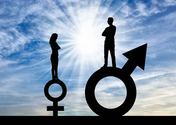 Silhouette of a big man and a small woman standing on gender symbols. — Stock Photo, Image