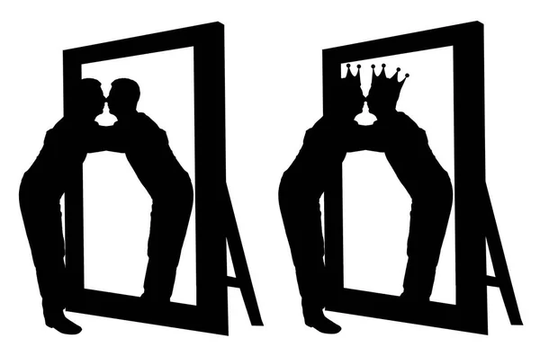 Silueta vektor narcistického člověka objímání svůj odraz v zrcadle — Stockový vektor