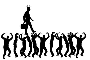 Silhouette vector of a walking selfish and narcissistic man with a crown on his head on the hands of the crowd clipart