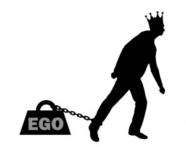 Silhouette vector big weight in the form of an ego is chained to the foot of a selfish and narcissistic man with a crown on his head clipart