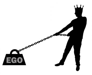 Siluet vektör bencil bir adamın kafasında bir taç ile ego adı altında ağır bir yük çizer