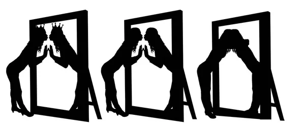 Silueta vectorial de una mujer narcisista y su reflejo en el espejo — Archivo Imágenes Vectoriales