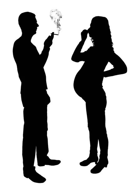 Silhouette vector of a man egoist smoking near a pregnant woman — Stock Vector