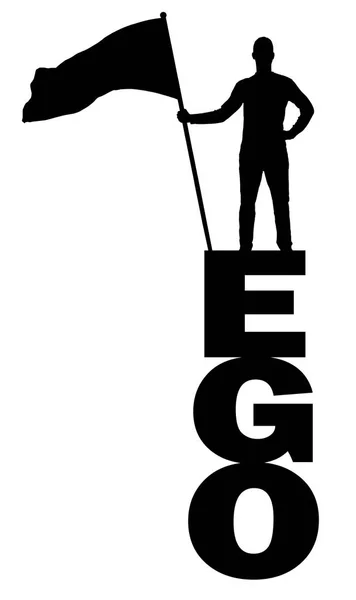 Силуэт вектора эгоистичного человека, который держит флаг на вершине слова "эго" — стоковый вектор