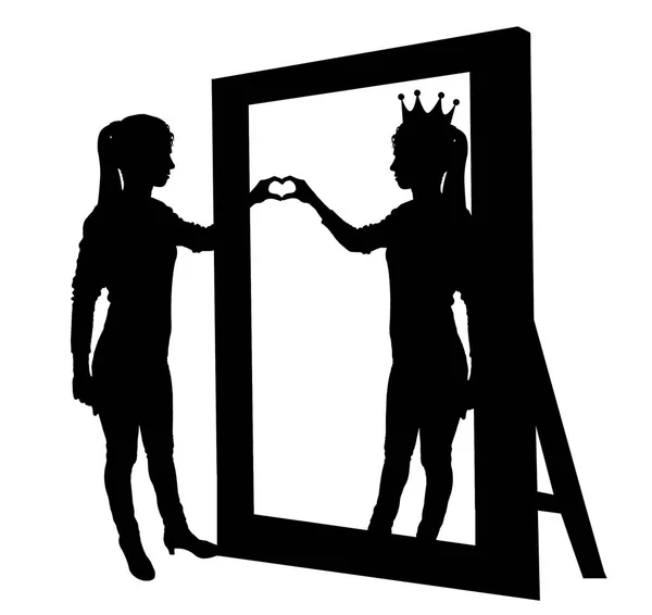 Vetor de silhueta de uma mulher narcisista e um gesto de mão do coração na reflexão no espelho — Vetor de Stock