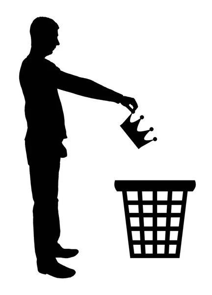 Silhouettenvektor eines Mannes wirft eine Krone in den Mülleimer — Stockvektor