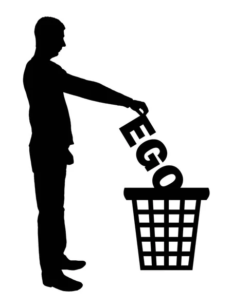 Силуэт вектор человека выбрасывает слово "эго" в мусорное ведро — стоковый вектор