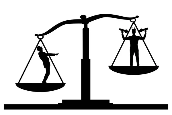 Silhouette vector of an ordinary man on scales of justice, he is in priority and he laughs at a selfish man with a crown on his head — Stock Vector
