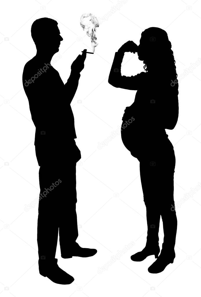 Silhouette vector of a man egoist smoking near a pregnant woman