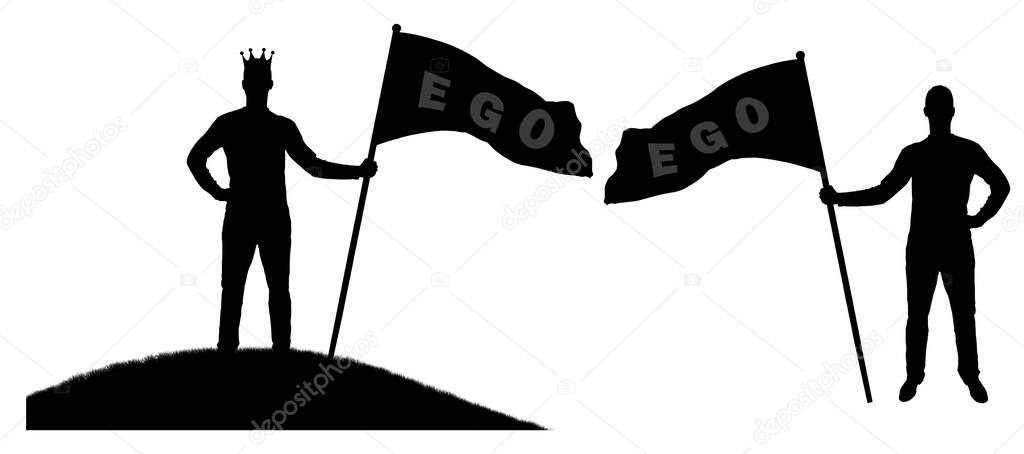 Silhouette vector of a selfish man holds a flag with the word ego