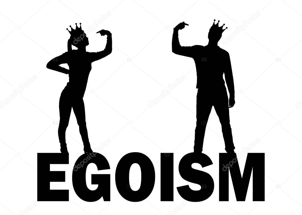 Silhouette vector of a narcissistic woman and a man with a crown on her head showing each finger on herself